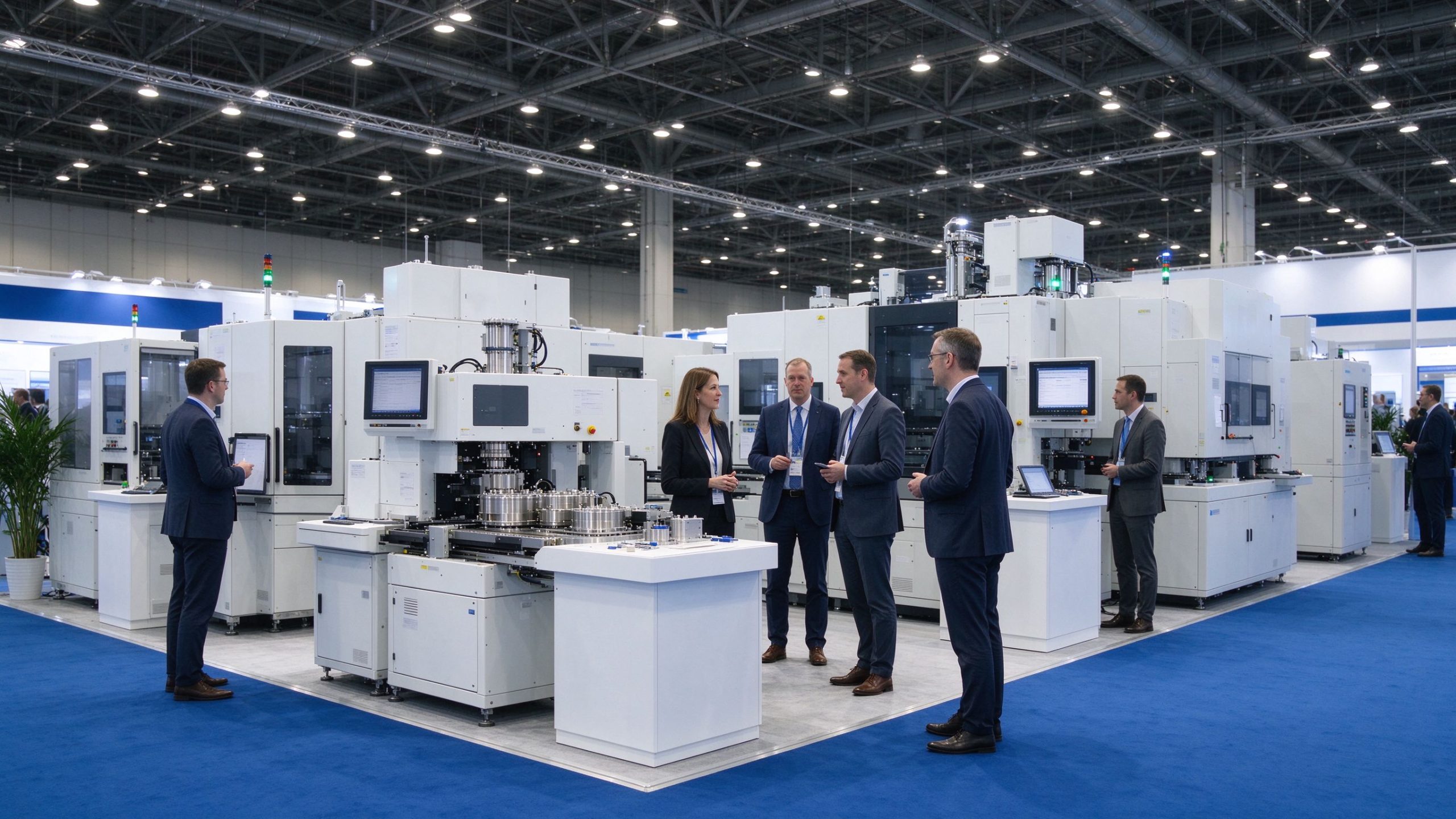 Crowded show floor at SEMICON China with equipment exhibitors' booths